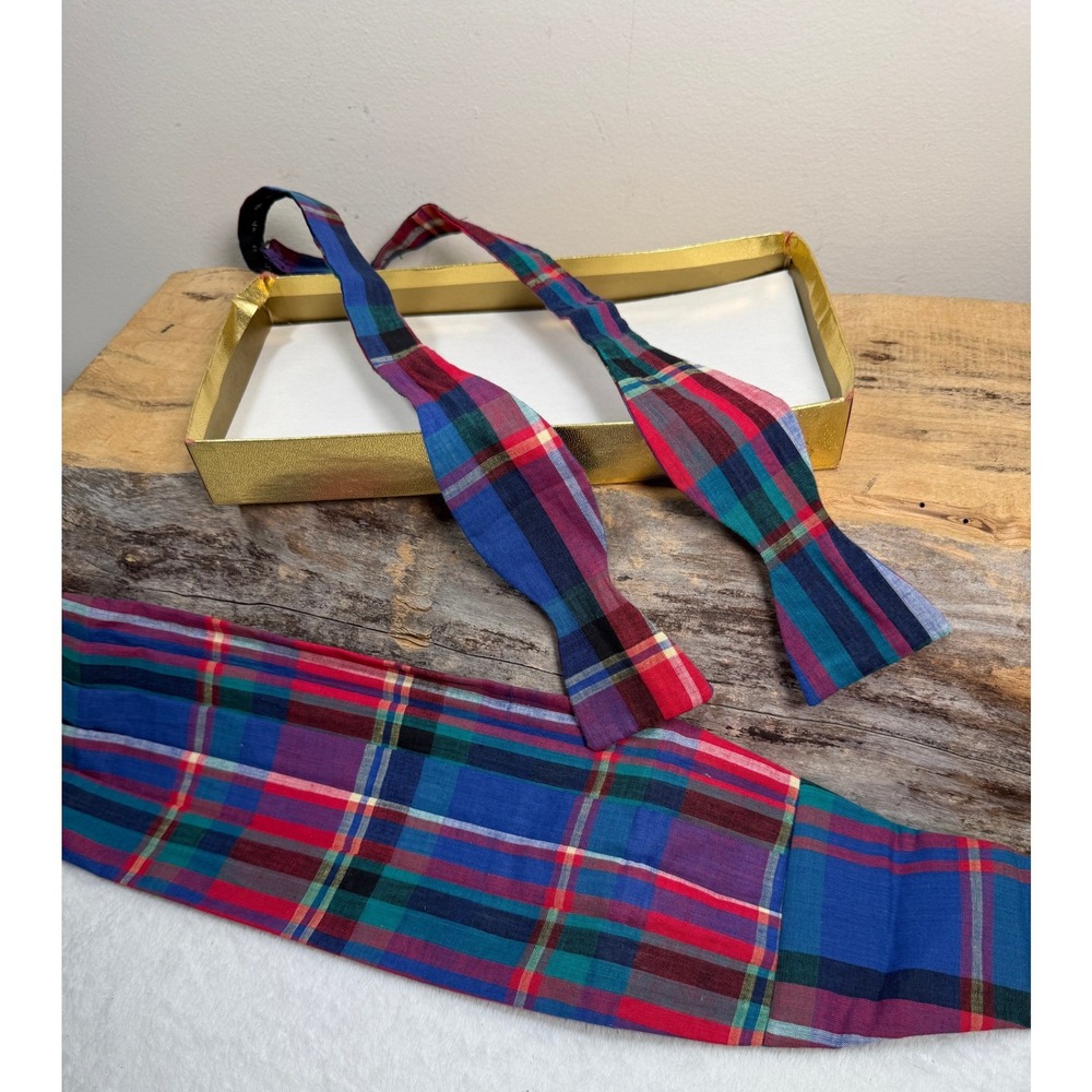 Woven Plaid Cummerbund and Bow Tie Set Ben Silver Charleston London Mens Multi